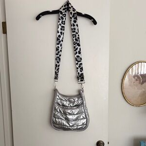 Silver Quilted Crossbody Bag with Leopard Strap